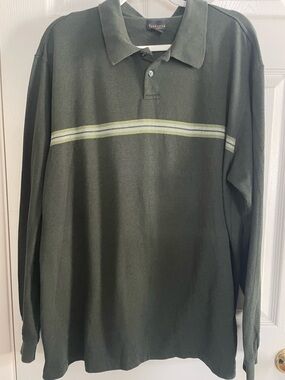Van Heusen Olive Green Long-Sleeve Polo with Light Green Stripe